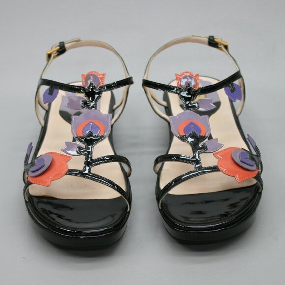 Prada 37.5 Ladies 7.5 Tulip Purple Patent Leather Slingback Wedge Shoes Sandals - Picture 5 of 12